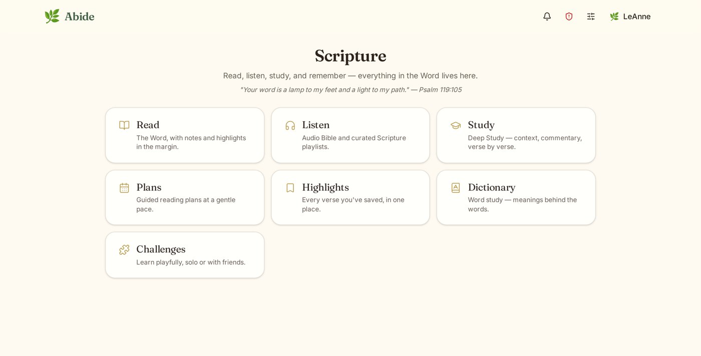 The Scripture hub in Abide with Read, Listen, Study, Plans, Highlights, Dictionary and Challenges